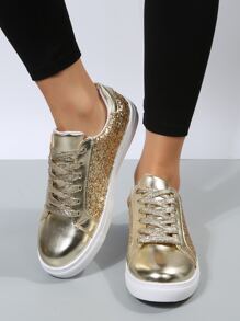 金屬亮絲金屬質感前綁帶板鞋,平底鞋素色金色前衛金屬亮絲素色女士休閒運動鞋 - 金色 - 查看 2