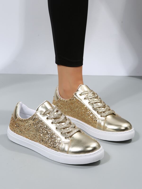 Glitter Metallic Laceup Front Skate Shoes, Flat Shoes Solid Gold Avant
