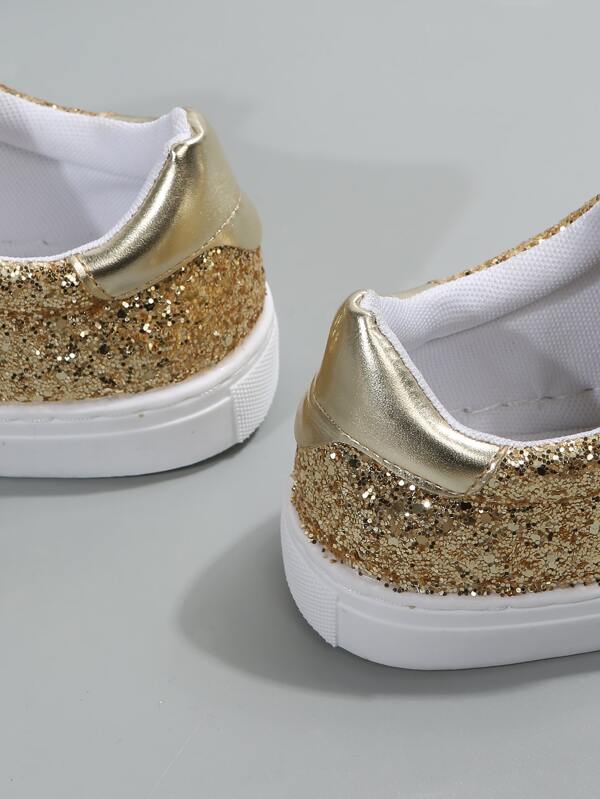 Glitter Metallic Laceup Front Skate Shoes, Flat Shoes Solid Gold Avant
