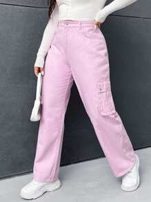 SHEIN EZwear Plus Flap Pocket Cargo Jeans - Baby Pink - View 1