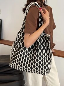 Two Tone Crochet Bag, Mother's Day Gift For Mom - Black and White - View 5