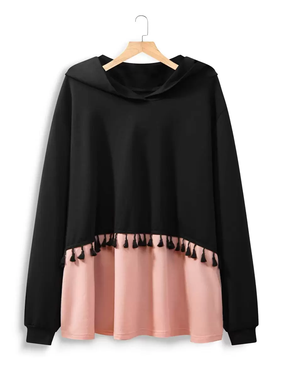 Plus Size Two Tone Fringe Trim Drop Shoulder Sweatshirt - Multicolor - View 1