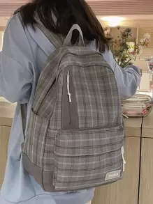格子图案补丁细节功能性背包书包，适合毕业生、少女、大一、大二、大三和大四学生，适合大学和高中学生，非常适合户外、旅行和返校，便携、轻便、笔记本电脑隔层学校背包、书包、学校书包、大背包、便携、轻便，适合少女、女大学生 - 彩色 - 查看 1