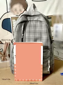 格子图案补丁细节功能性背包书包，适合毕业生、少女、大一、大二、大三和大四学生，适合大学和高中学生，非常适合户外、旅行和返校，便携、轻便、笔记本电脑隔层学校背包、书包、学校书包、大背包、便携、轻便，适合少女、女大学生 - 彩色 - 查看 3