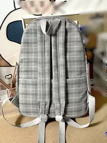 格子图案补丁细节功能性背包书包，适合毕业生、少女、大一、大二、大三和大四学生，适合大学和高中学生，非常适合户外、旅行和返校，便携、轻便、笔记本电脑隔层学校背包、书包、学校书包、大背包、便携、轻便，适合少女、女大学生 - 彩色 - 查看 4