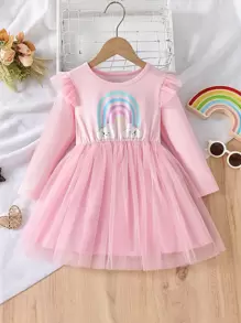 Toddler Girls Rainbow Print Ruffle Trim Mesh Hem Dress - Baby Pink - View 1