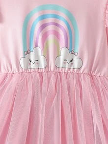 Toddler Girls Rainbow Print Ruffle Trim Mesh Hem Dress - Baby Pink - View 5