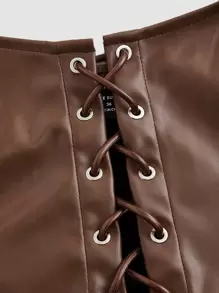 SHEIN MOD Retro Vintage Clothes Lace Up Front PU Leather Tank Top - Chocolate Brown - View 3