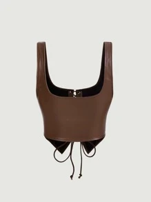 SHEIN MOD Retro Vintage Clothes Lace Up Front PU Leather Tank Top - Chocolate Brown - View 5