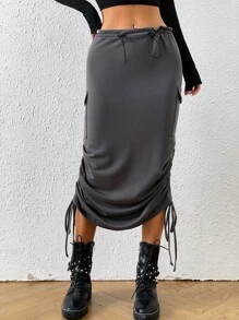 SHEIN ICON Falda cargo con bolsillo con solapa con cordón lateral - Gris - Ver 3