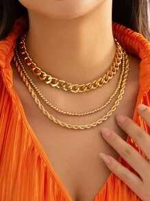 3入組極簡風格鏈條樣式項鍊 - 金黃色 - 查看 1