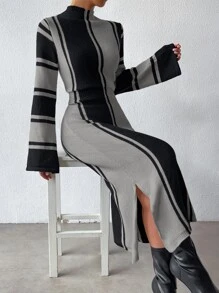 EMERY ROSE Colourblock Mock Neck Split Hem Jumper Dress - Grey - View 1