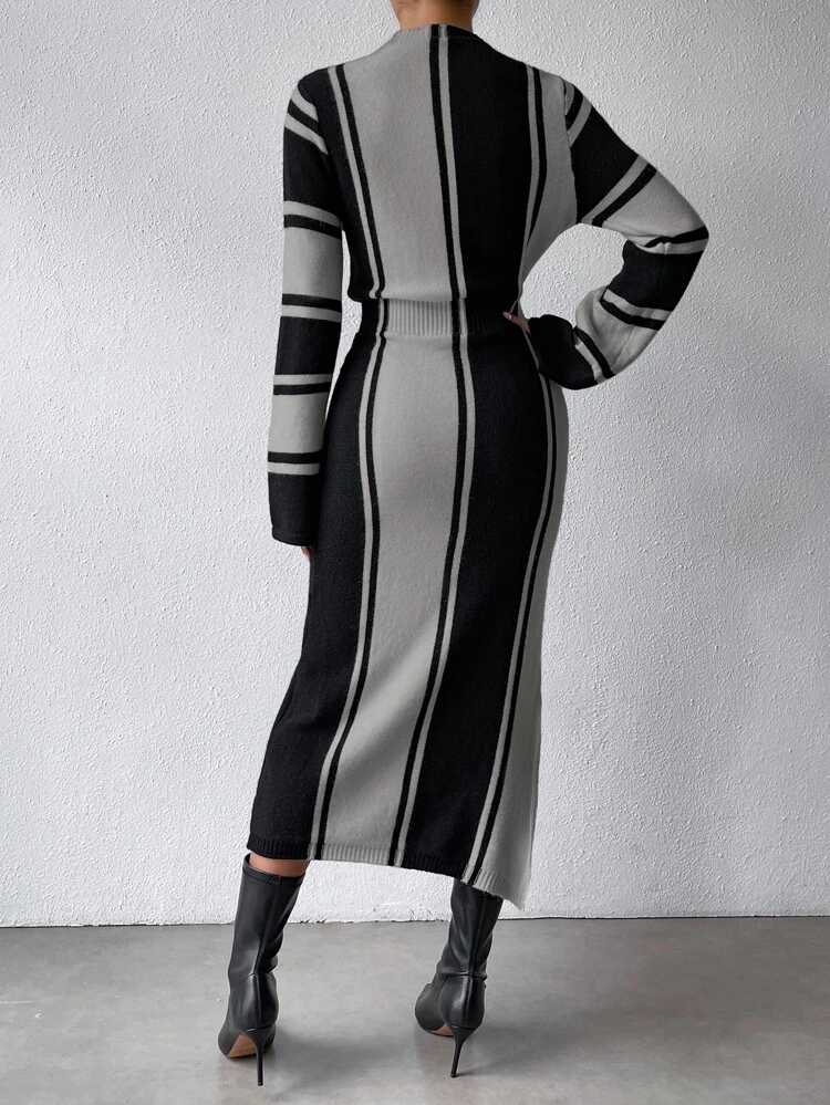 Colorblock Mock Neck Split Hem Sweater Dress Fall Winter Cloth For Women
