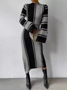 EMERY ROSE Colourblock Mock Neck Split Hem Jumper Dress - Grey - View 4