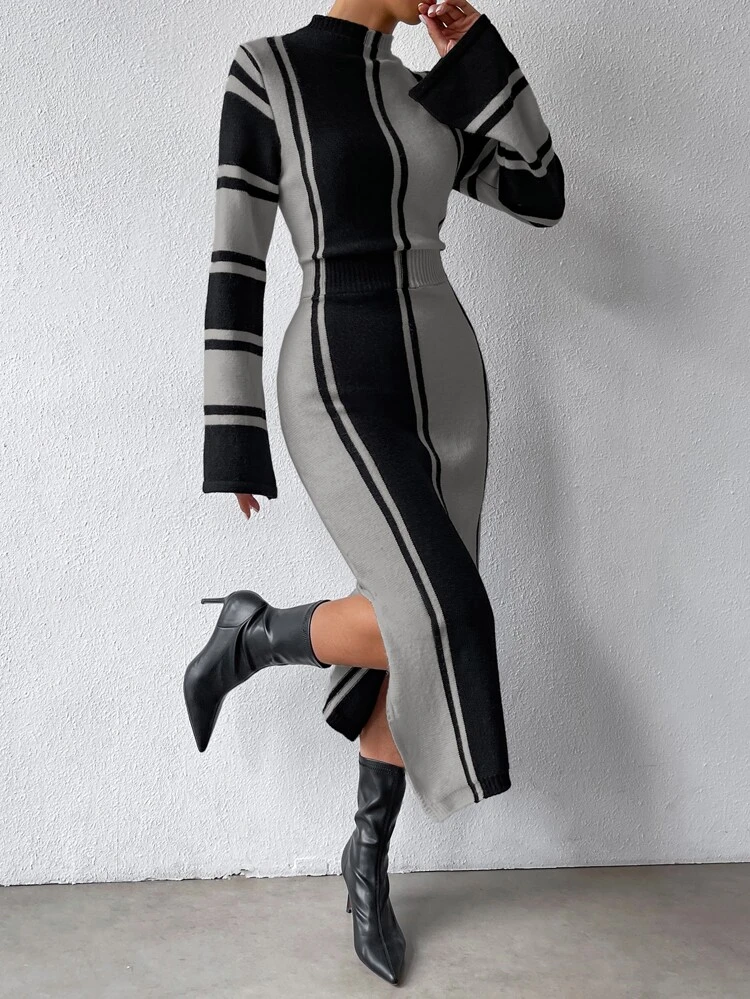 Colorblock Mock Neck Split Hem Sweater Dress Fall Winter Cloth For Women
