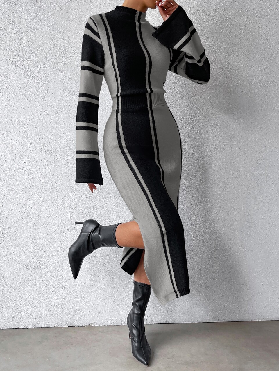 Colorblock Mock Neck Split Hem Sweater Dress Fall Winter Cloth For Women