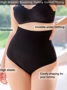 High Waisted Sculpting Tummy Control Shapewear Thong - Black - View 1