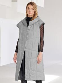 Zip Up Hooded Puffer Vest Coat - Light Grey - View 1