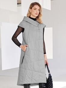 Zip Up Hooded Puffer Vest Coat - Light Grey - View 3