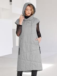Zip Up Hooded Puffer Vest Coat - Light Grey - View 4