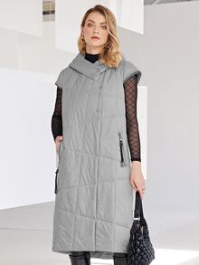 Zip Up Hooded Puffer Vest Coat - Light Grey - View 5