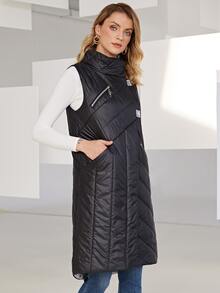Slant Pocket Puffer Vest Coat - Black - View 3