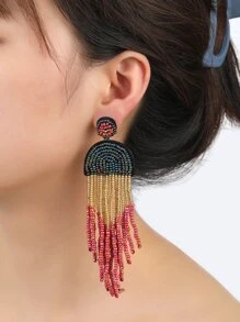 Bead Tassel Drop Earrings - Multicolor - View 1