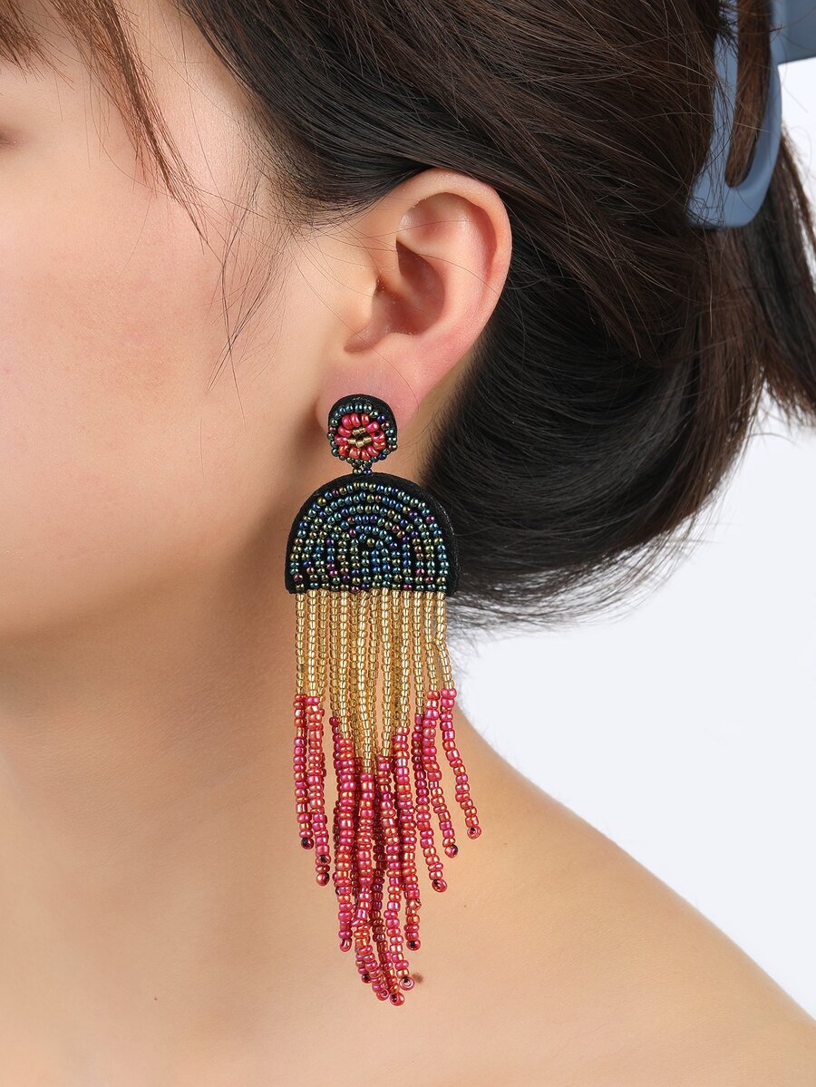Bead Tassel Drop Earrings - Multicolor - View 1