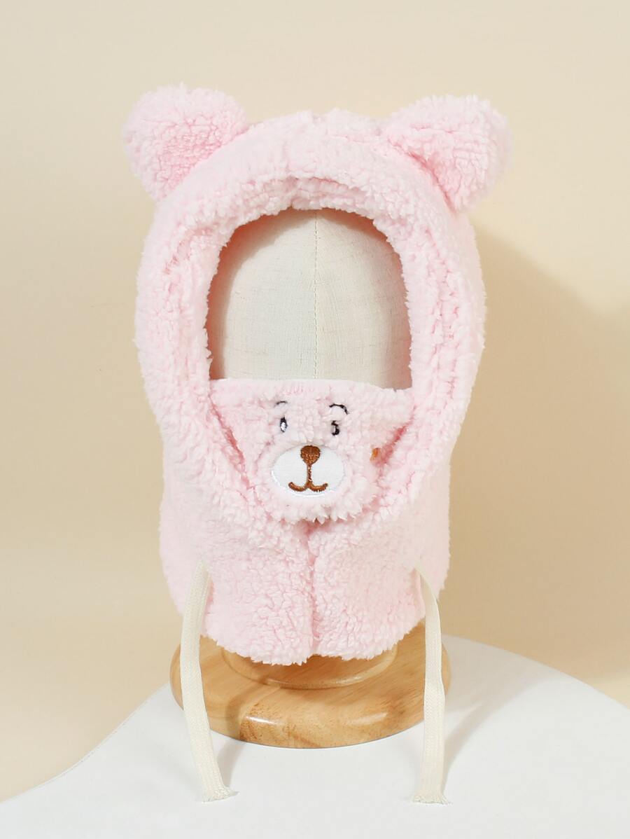 Toddler Girls Cartoon Bear Embroidered Fuzzy Hat - Pink - View 1