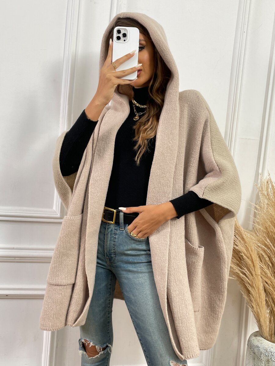 Batwing Sleeve Pocket Patched Cardigan - Khaki - View 1