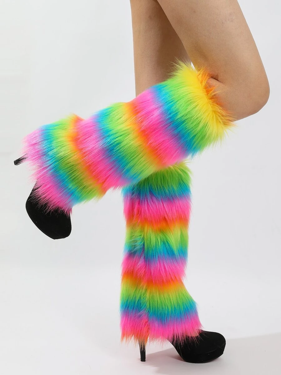 Rainbow Striped Pattern Fuzzy Leg Warmers - Multicolor - View 1