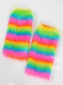 Rainbow Striped Pattern Fuzzy Leg Warmers - Multicolor - View 4