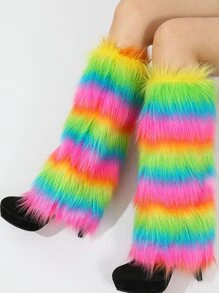 Rainbow Striped Pattern Fuzzy Leg Warmers - Multicolor - View 5