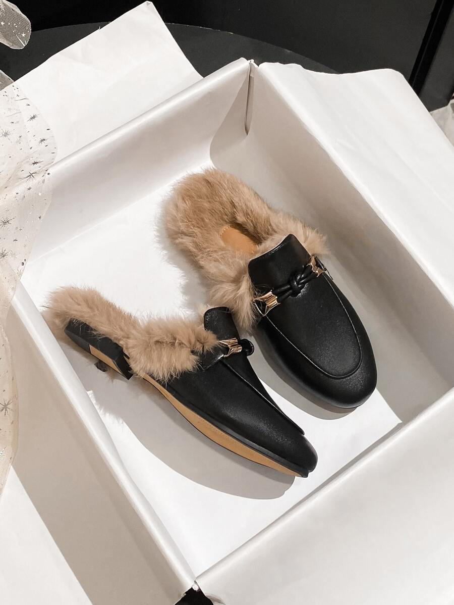 Knot Decor Contrast Fluffy Flat Mules - Black - View 1