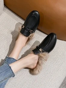 Knot Decor Contrast Fluffy Flat Mules - Black - View 2