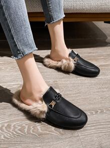 Knot Decor Contrast Fluffy Flat Mules - Black - View 3