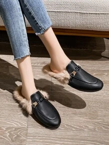 Knot Decor Contrast Fluffy Flat Mules - Black - View 4