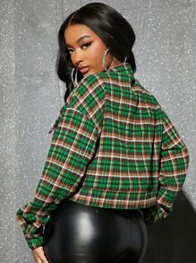 SHEIN SXY Plaid Print Drop Shoulder Jacket - Green - View 4