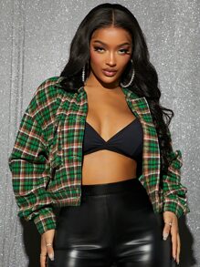 SHEIN SXY Plaid Print Drop Shoulder Jacket - Green - View 6