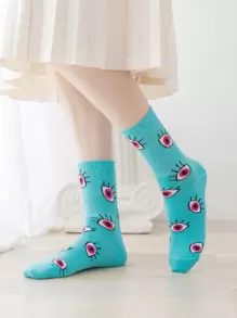 1 双女士趣味个性化卡通可爱多色提花恶魔之眼图案中筒袜，运动袜，四季皆宜，欧美尺码，舒适透气耐用，色彩鲜艳，适合日常穿着，优质面料，不出汗 - 彩色 - 查看 2