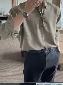 DAZY Men Solid Pocket Patched Shirt Business Attire - Army Green - View 3