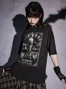ROMWE Goth Camiseta de hombros caídos esqueleto & con estampado de letra - Negro - Ver 1