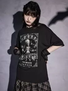 ROMWE Goth Camiseta de hombros caídos esqueleto & con estampado de letra - Negro - Ver 2