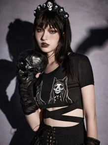 ROMWE Goth Áo thun nữ Hội Chữ thập Lễ Các Thánh Giải trí - màu đen - Xem 3