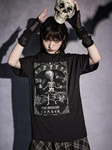 ROMWE Goth Camiseta de hombros caídos esqueleto & con estampado de letra - Negro - Ver 4