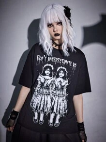 ROMWE Goth Áo thun nữ Con số Slogan Giải trí - màu đen - Xem 5