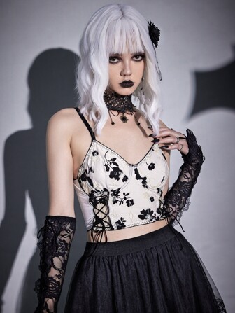 Goth Floral Print Lace Up Cami Top