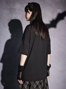 ROMWE Goth Camiseta de hombros caídos esqueleto & con estampado de letra - Negro - Ver 5