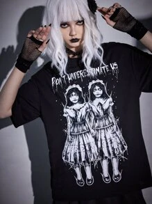 ROMWE Goth Áo thun nữ Con số Slogan Giải trí - màu đen - Xem 2