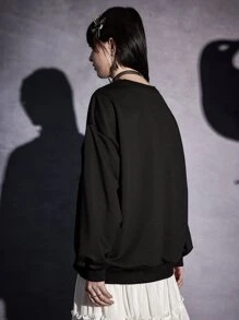 ROMWE Goth Letter Skull Graphic Drop Shoulder Sweatshirt - Black - View 5